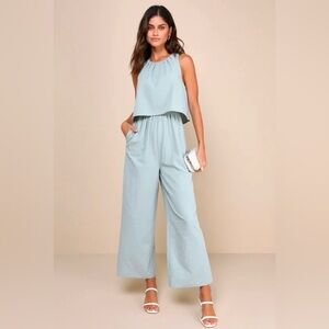 NWOT Lulus Breezy Sophistication Sage Green Textured Wide-Leg Jumpsuit